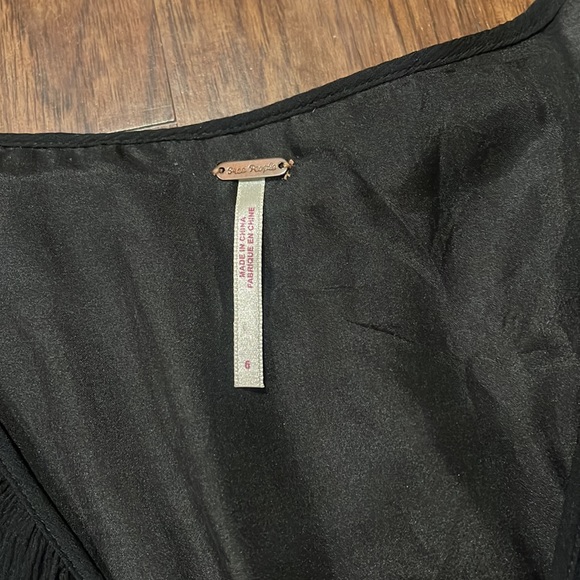 Free People Black Silk Mini Dress Lined Lettuce Edges empire waist ruffle 6 - Picture 3 of 7